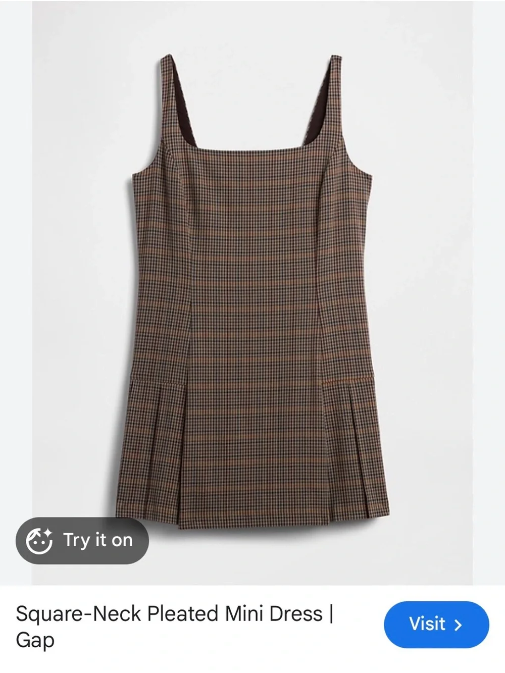 GAP Brown Plaid Square-Neck Pleated Mini Dress - Picture 1 of 8